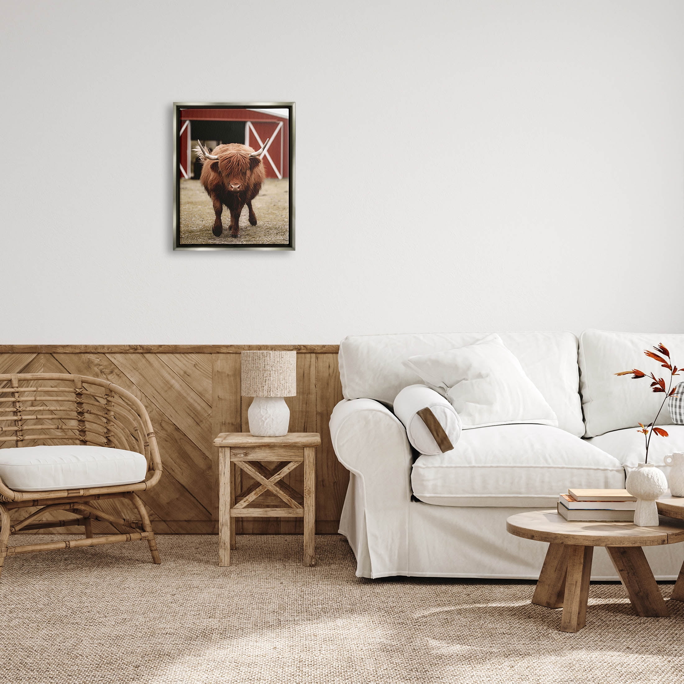 Stupell Industries Trotting Highland Cattle Bold Red Barn Photograph Luster Gray Floating Framed Canvas Print Wall Art, Design by Dakota Diener