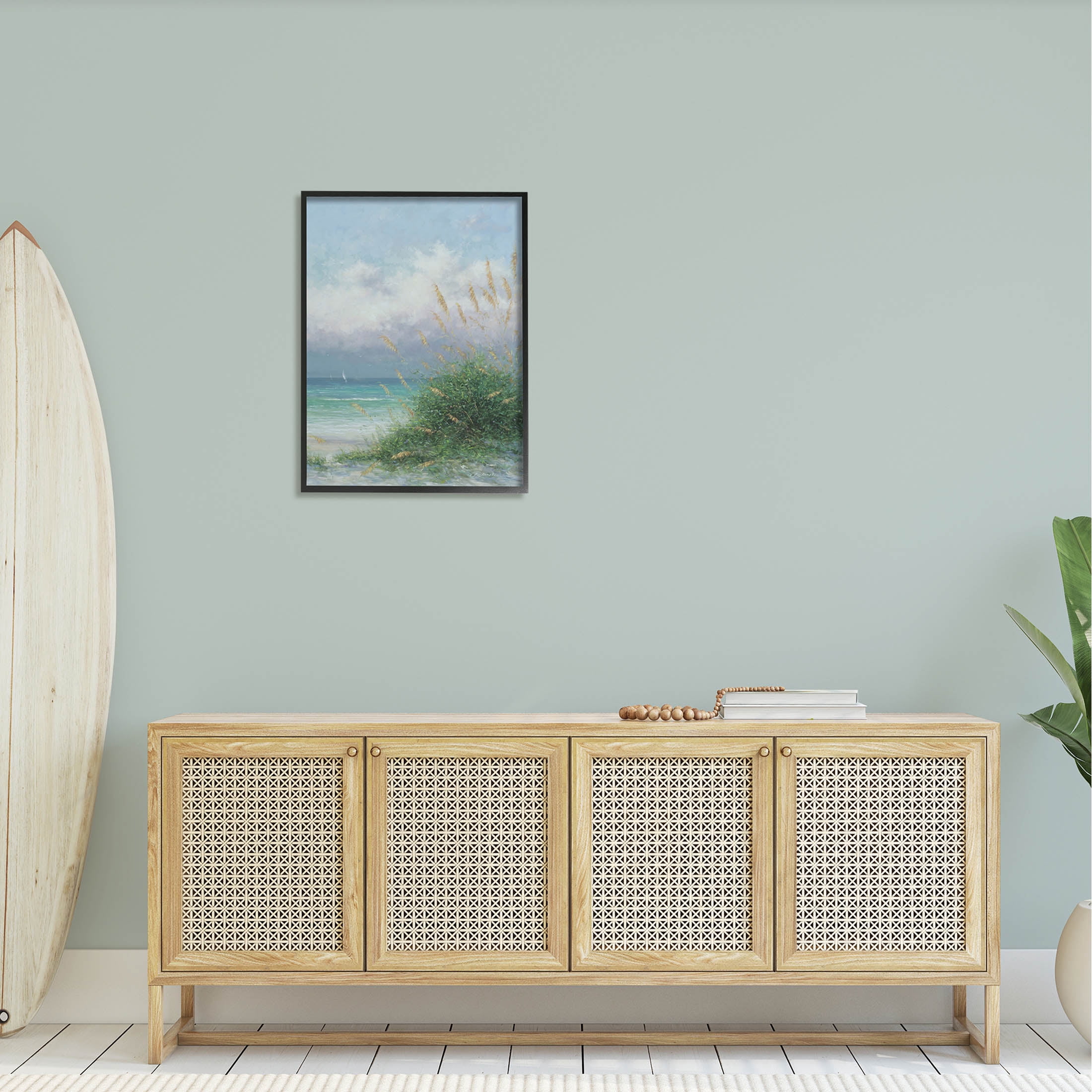 Ocean Waves Beach Reeds Coastal Painting Black Framed Art Print Wall Art