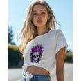 thumbnail image 4 of T Shirts for Women Short Sleeve Cotton Crewneck T-Shirt, Mexican Skull Purple Flower Leaf Tee Tops Casual Basic T-Shirts, XS-5XL White 3XL, 4 of 7