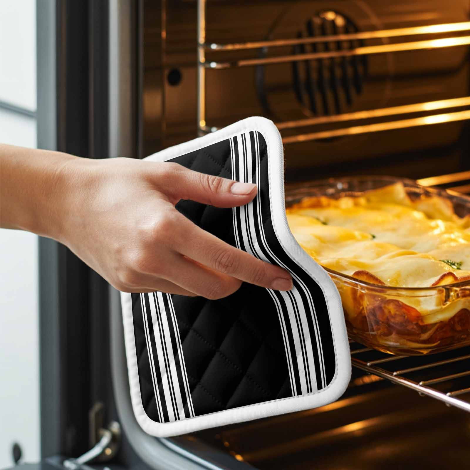 Black Striped Pot Holders for Kitchen Heatproof Potholder, 5 Pack Farmhouse Black White Stripes Hot Pads Multipurpose Oven Pads Cloth Potholders Trivet for Cooking Baking