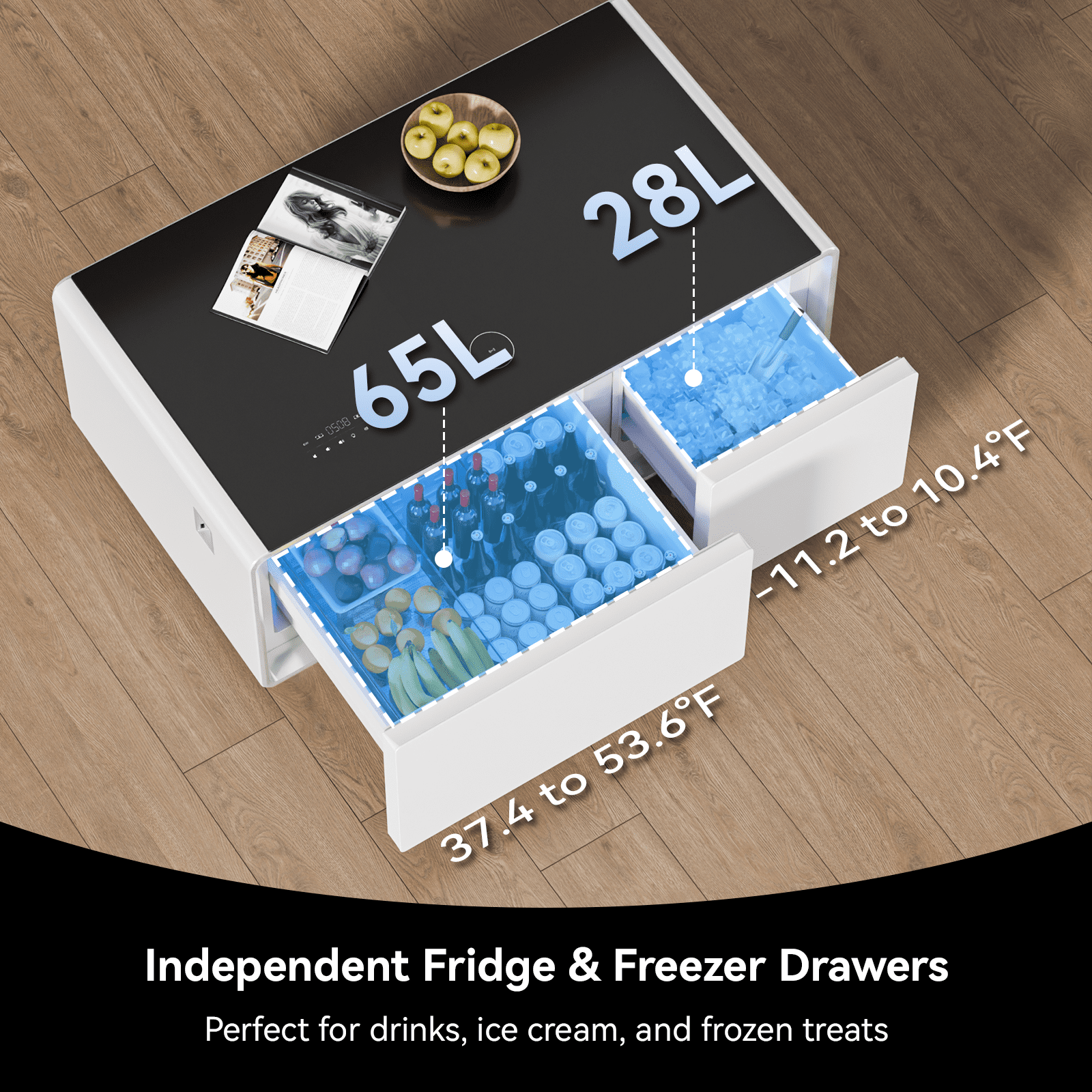 Smart Coffee Table with Dual-Drawer Cooling, Freezer Function, Wireless Charging, Bluetooth Speakers & LED Lights – Perfect for Modern Living Spaces