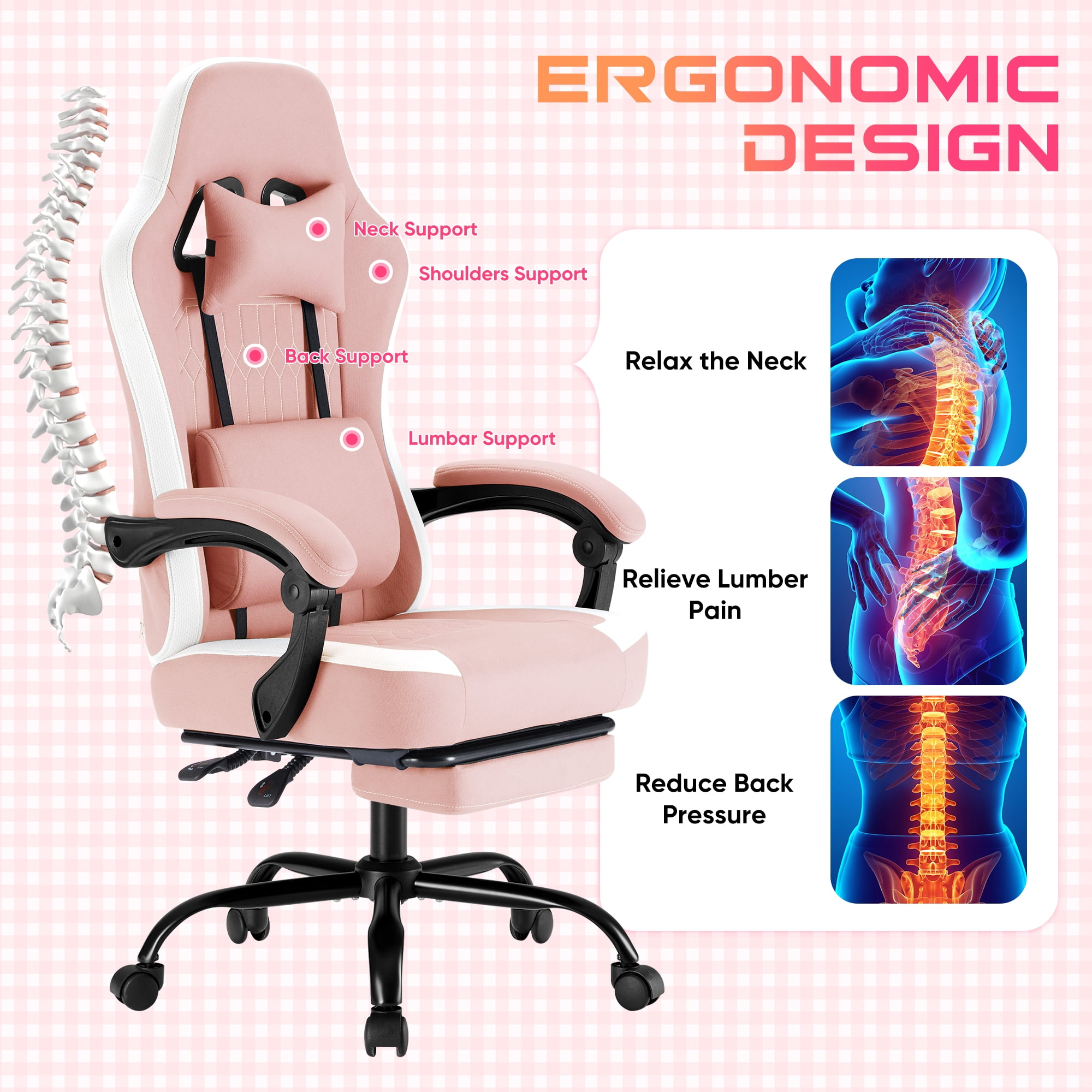 Gianna Ergonomic High‑Back Computer Gaming Chair with Footrest with Adjustable Height, Lumbar Support & Headrest, Pink
