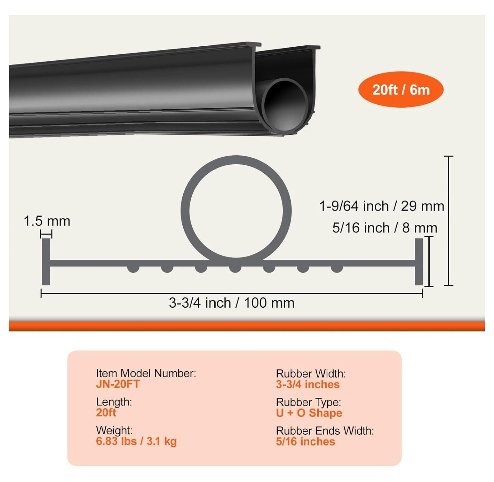 Garage Door Seals Bottom Rubber, U Shape +O Ring Garage Door Weather Stripping, Universal Weatherproof Threshold Buffering Sealing Rubber, 5/16 inch T-Ends and 3 3/4 inch Width (20 Ft, Black)