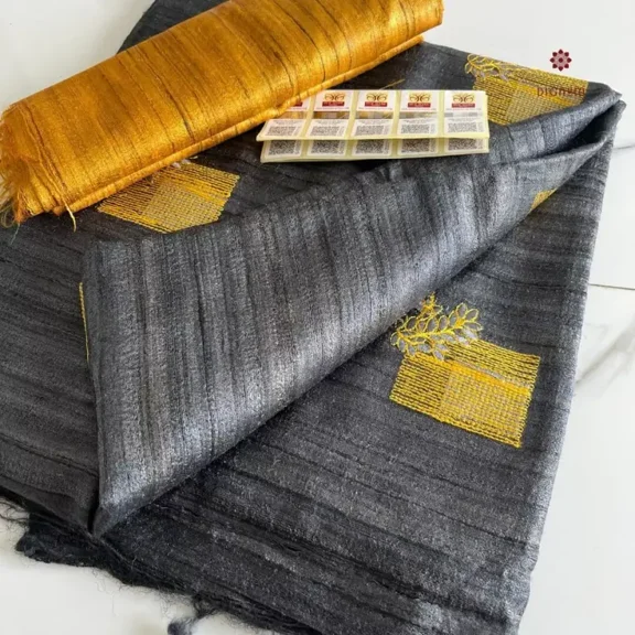 Porpoise Grey Tussar Ghicha Silk Embroidery Saree