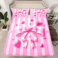 thumbnail image 2 of Manfei Girls Pink Ribbon Bowknot Twin Sheet Sets 3pcs,Geometric Stripes Twin Fitted Sheet Microfiber,Dreamy Princess Breathable Flat Sheet,Microfiber Bedroom Decor, 2 of 7