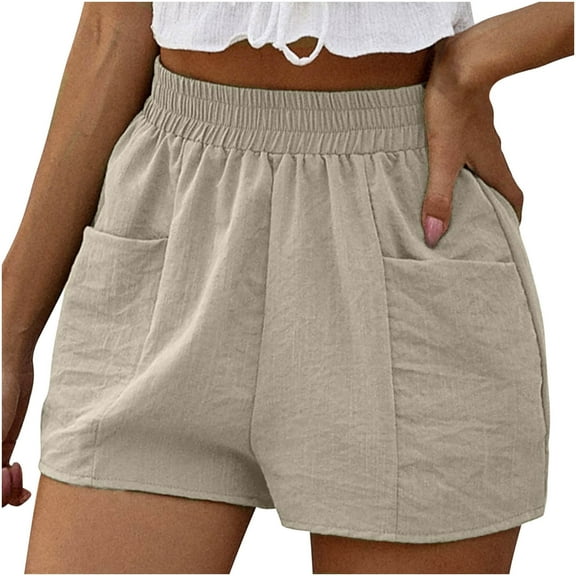 Womens Casual Loose Shorts Solid Comfy Elastic High Waist Linen Short Pants Wide Leg Summer Beach Shorts with Pockets(XL,Khaki)