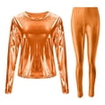 thumbnail image 3 of IWRICH Shiny Liquid Metallic Sets for Women 2 Piece Long Sleeve T Shirts High Waist Stretch Leggings Matching Wear Casual Party Jumpsuit Orange XL, 3 of 3