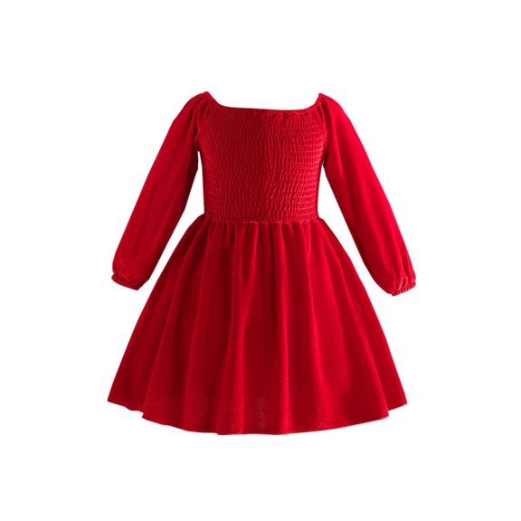 Generic Girls Santa Christmas Long Sleeve Dress Kids Christmas Festival Long Sleeve Dress Girls Christmas Solid Color Dress Western Girl Corduroy Red New Year Dress Children Holiday Party Tutu Dress
