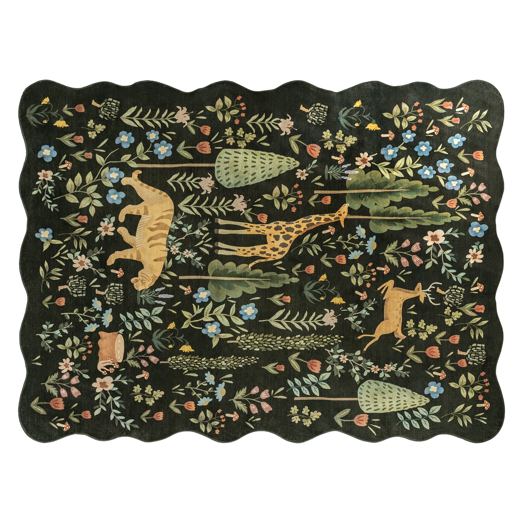 Sleep Zone 5x8 Washable Non Slip Area Rug Forest Creatures, Wave edge Scalloped Water Resistant Rug for Bedroom Living room