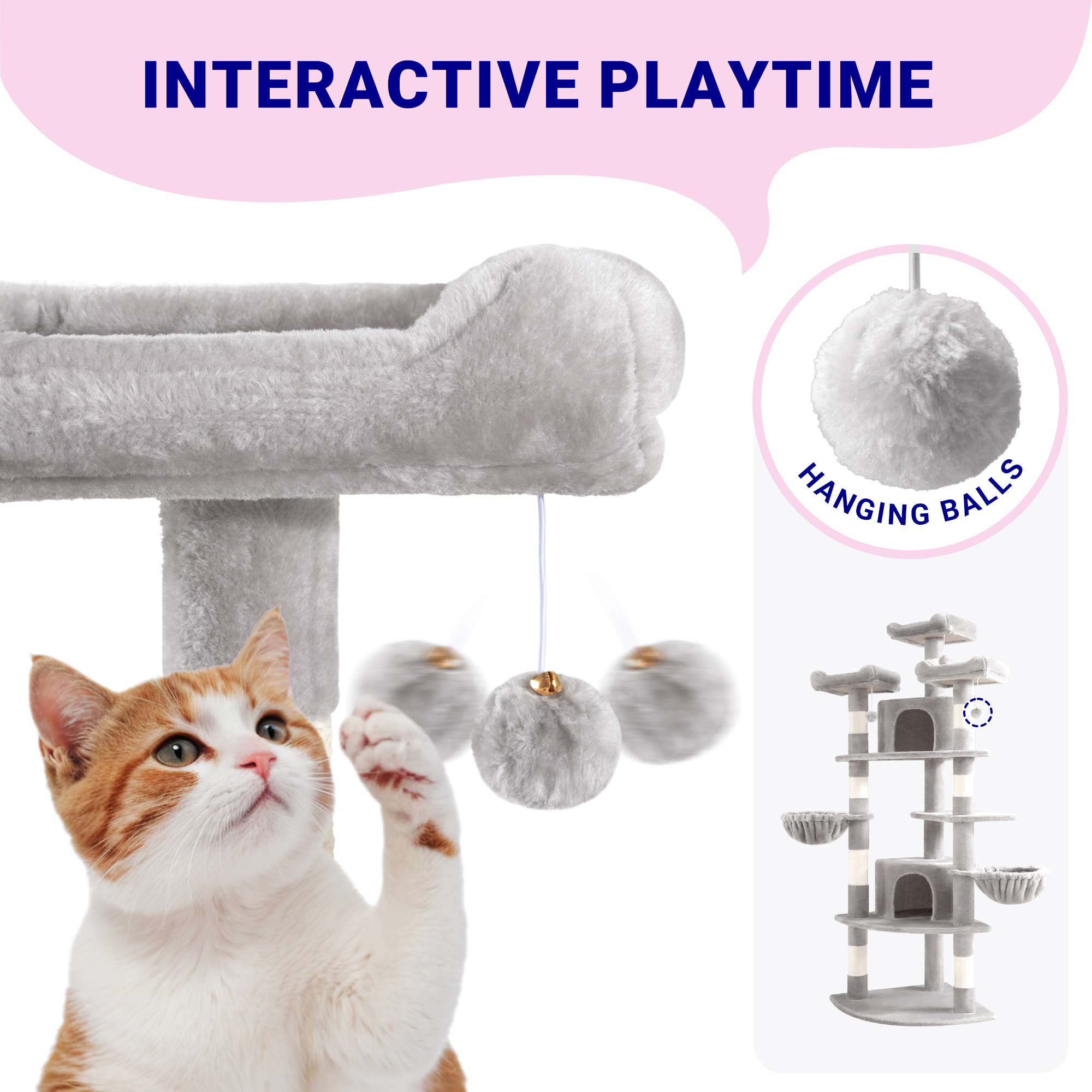 Allewie 73in Fan-Shaped Space-Saving Corner Cat Tower, Multi-Level Tall Cat Tree for Indoor Kitties, Cozy Baskets, Condos, House, Perches, Sisal Scratching Posts, Grey