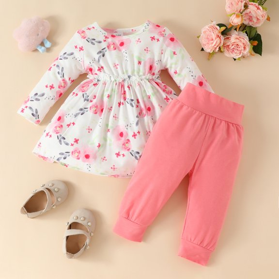 Honeeladyy 3PCS Baby Girl Clothes Ruffle Floral Shirt Tops Pants Headband Outfit Sets for Fall Spring New Year Gift White 9-12Months