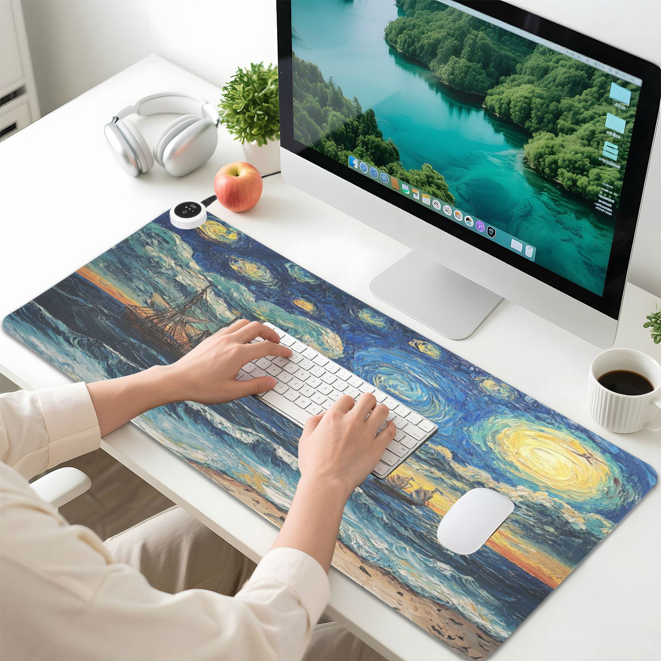 Wobogo Many Stars at Sea Heated Mouse Pad Extra-Large Desk Mat With 3 Heating Levels and 3-hour Auto Shut-Off Protection Ideal for Computer Keyboards Home Office Hand-warming Essential 31.5in × 13in