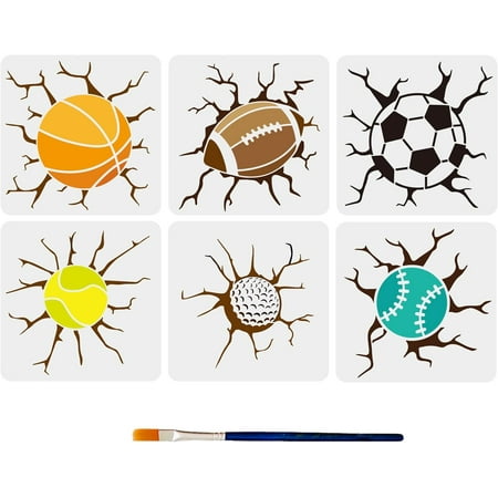 6pcs Sports Ball Stencils 11.8×11.8inch Wall Cracks Basketball Football Rugby Baseball Tennis Ball Golf Ball Stencils Reusable Template with Paint Brush DIY