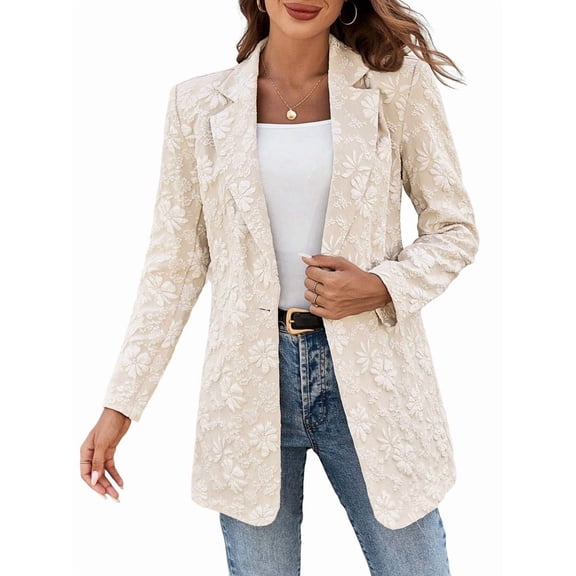 Women'S Floral Jacquard Casual Blazer Suit Long Sleeve Slim Fit Elegant Work Office Jacket Coat Khaki XXL