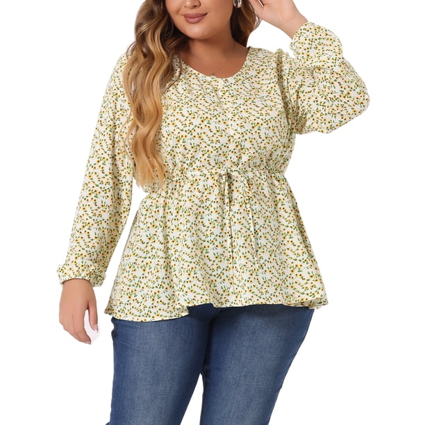 Blusa peplum con volantes y botones de cuello en V para mujer de tallas grandes GRACE & GRANDEUR 4X amarilla