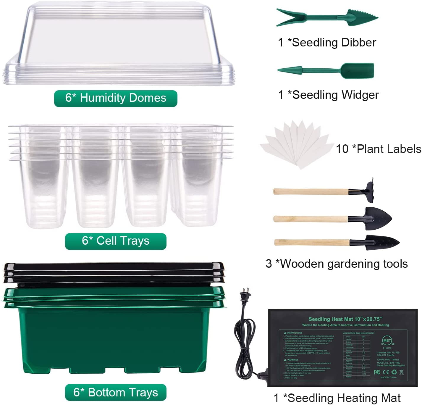 6-Pack Seed Starter Tray with Heat Mat(12 Cells per Tray), Plant Germination Trays with Adjustable Humidity Dome Seed Trays Seedling Starter with Base Trays for Germination