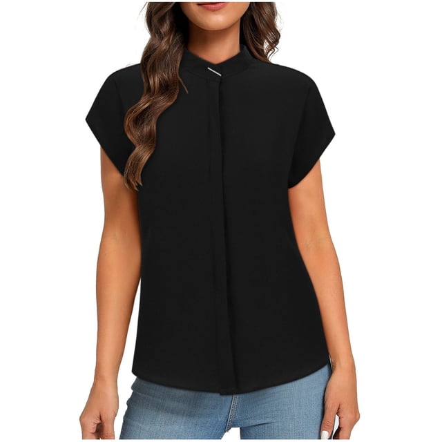 SwiftWear Blouse à Col Montant pour Femmes - Coupe Décontractée, Manches Courtes, Ourlet Arrondi, Design Respirant