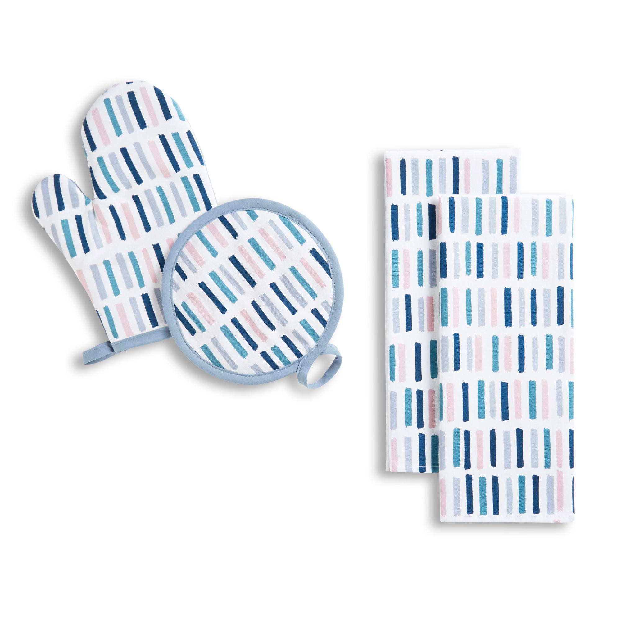 Mainstays Multi Stripe Kitchen Towel, Oven Mitt and Pot Holder Set, Multi, 4 Piece, Available in