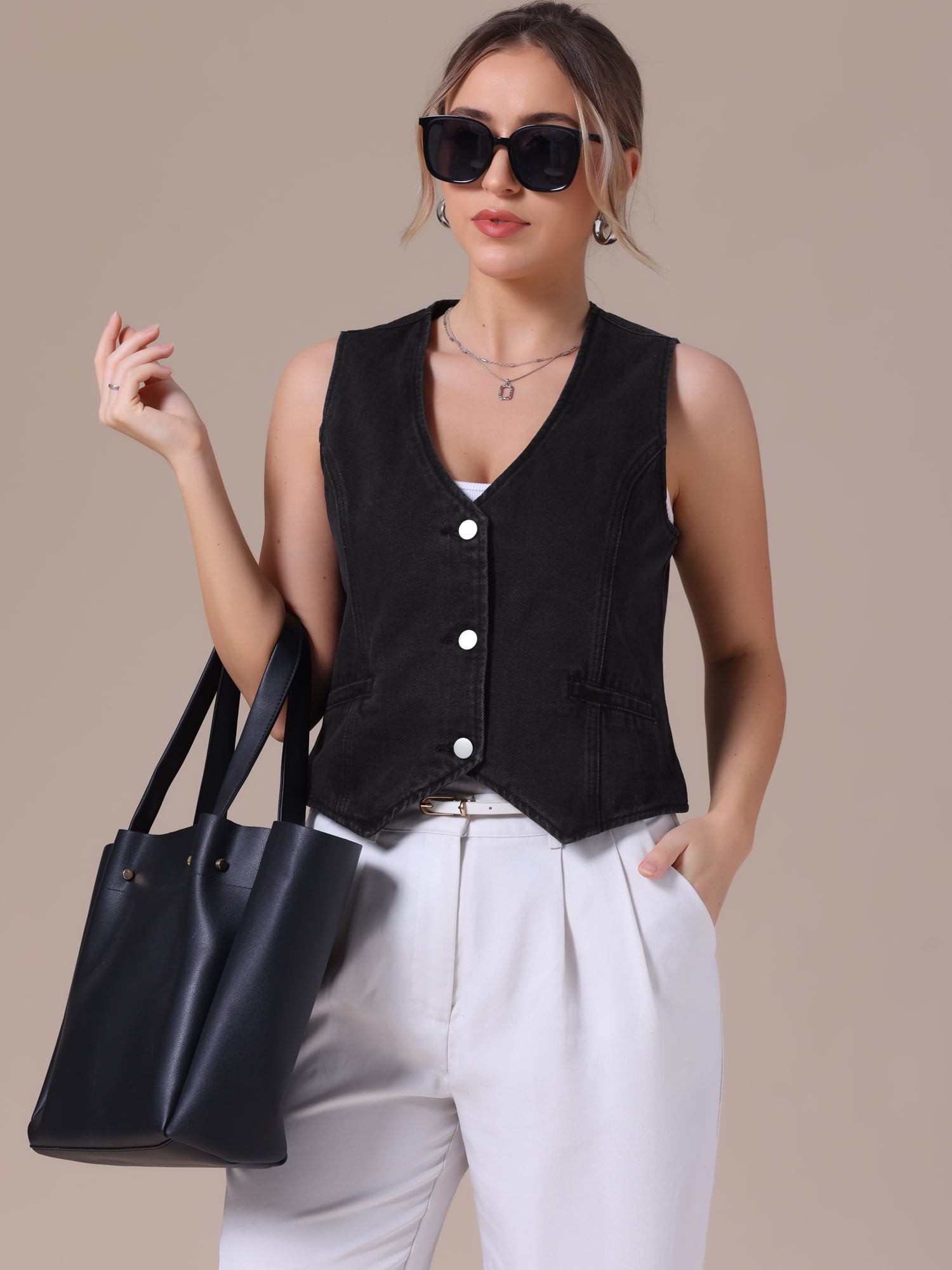 DARING DIVA Women's V Neck Waistcoat Top Casual Jean Vests M Black
