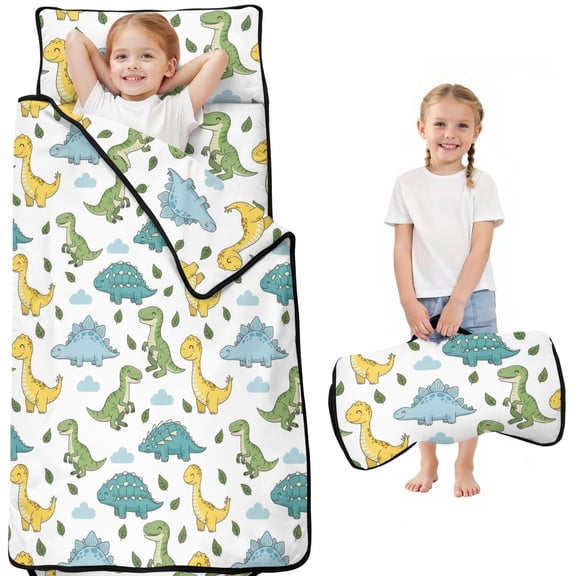 Green Dinosaurs Cacti Pattern Teens Toddler Nap Mat with Pillow, Sleeping Mat Bag for Preschool Daycare 51"x22"