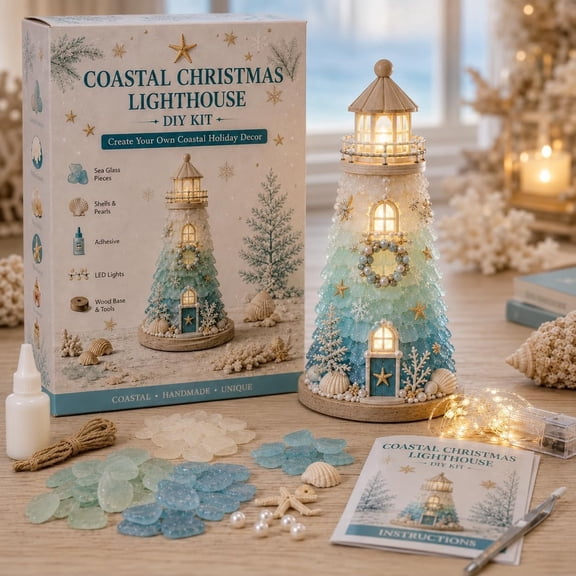 DIY Lighted Sea Glass-Style Lighthouse Kit Collection, DIY Sea Glass Lighthouse Kit with Pieces & Guide, Adults Craft Kit, Handmade Ocean Beach Decor Gift for Craft Lovers.A