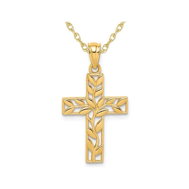14K Yellow Gold Leaf Cross Pendant Necklace with Chain