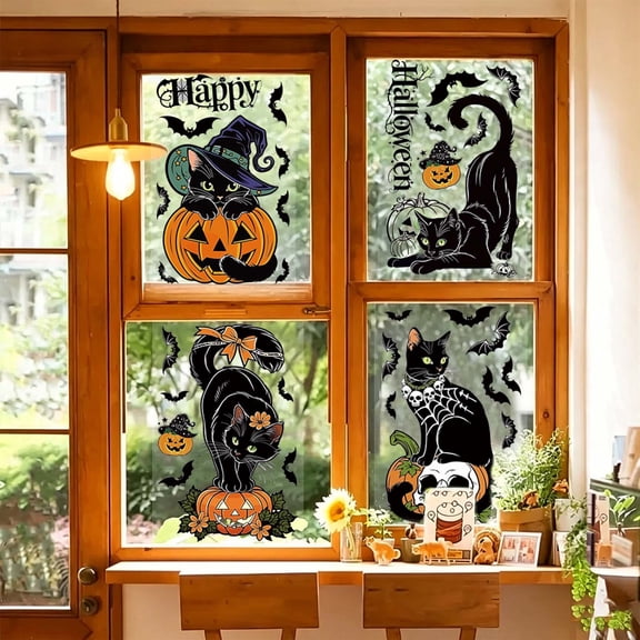 Halloween Window Clings, 4 Sheets 7.87x11.81 Inch Static PVC Decals, Double Sided Black Cat Pumpkin Skull Stickers for Glass Door Mirror, bldnkj