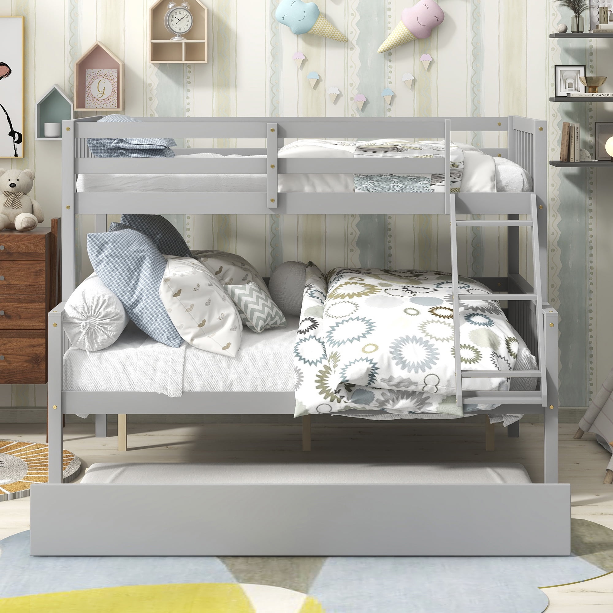 Kepooman Twin Over Full Bedroom Wooden Bunk Beds with Trundle & Safety Rail for Kids Teens, Grey Kepooman Twin Over Full Bedroom Wooden Bunk Beds with Trundle & Safety Rail for Kids Teens, Grey