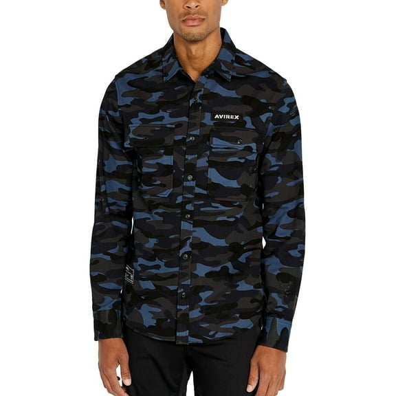 Avirex Men's Navy Camo Officer Woven Camo Shirt-Size Small