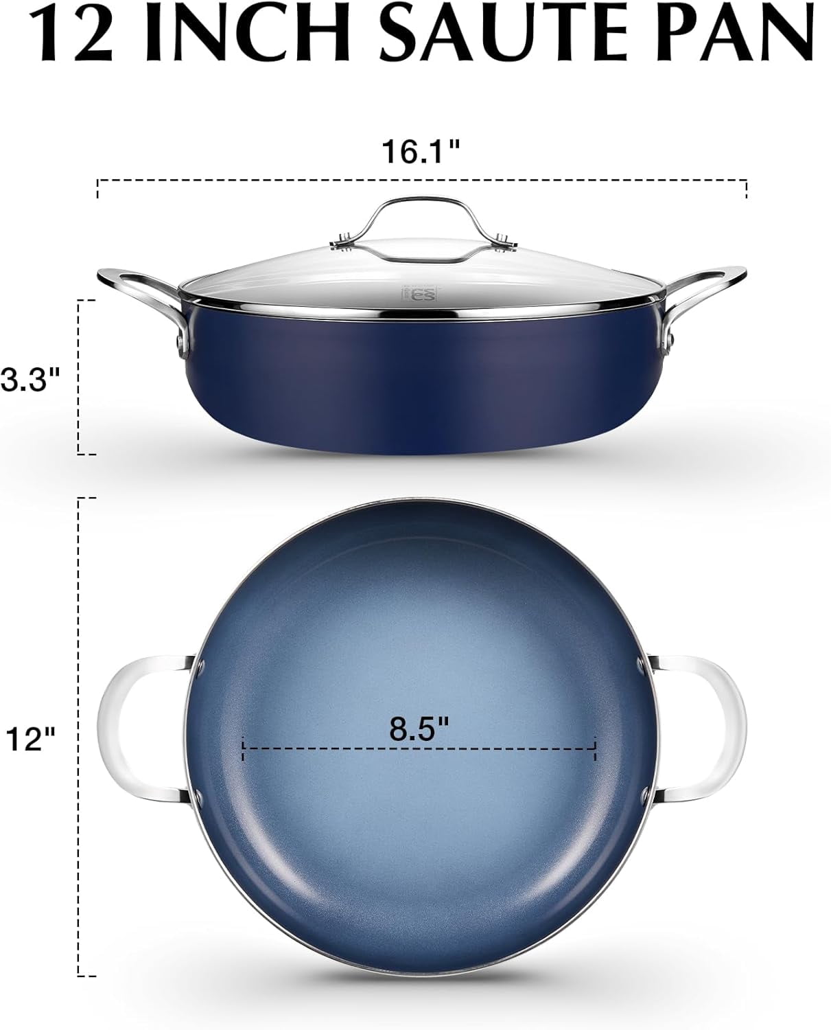Koch Systeme CS 12 inch Nonstick Deep Frying Pan, Skillet with Ceramic Coating, Oven Safe, Gradient Blue