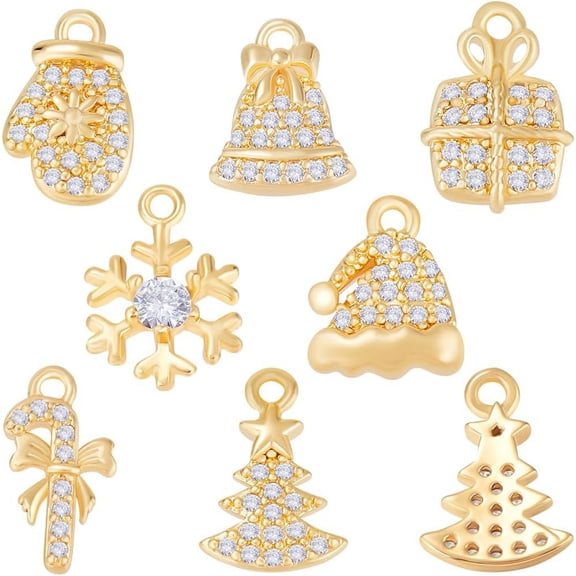 1 Box 14Pcs Christmas Pendant Charms 18K Gold Plated Brass Charm Mixed Vintage Cubic Zirconia Snowflake Tree Bell Charms for Jewelry Making Necklace Bracelet Christmas Ornaments DIY Crafts