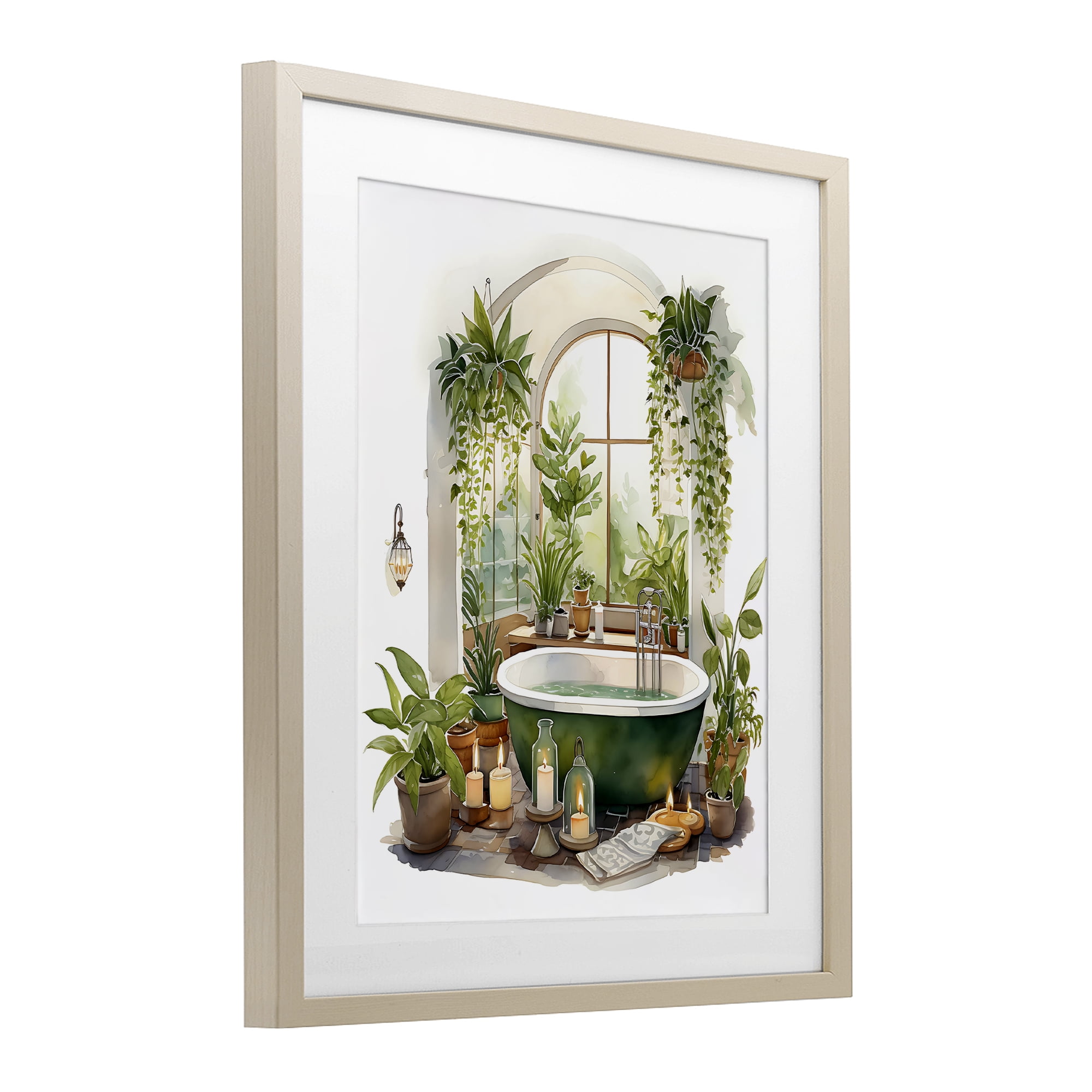 Tranquil Tub with Candles & Greenery Birch Framed Print Under Glass, design by Lettered and Lined