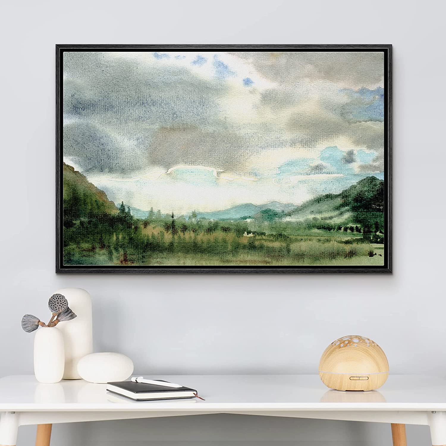 wall26 Framed Canvas Print Wall Art Cloudy Blue Sky Green Forest Valley Nature  Wilderness Illustrations Fine Art Farmhouse/Country Decor Rustic for Living  Room, Bedroom, Office 24x36
