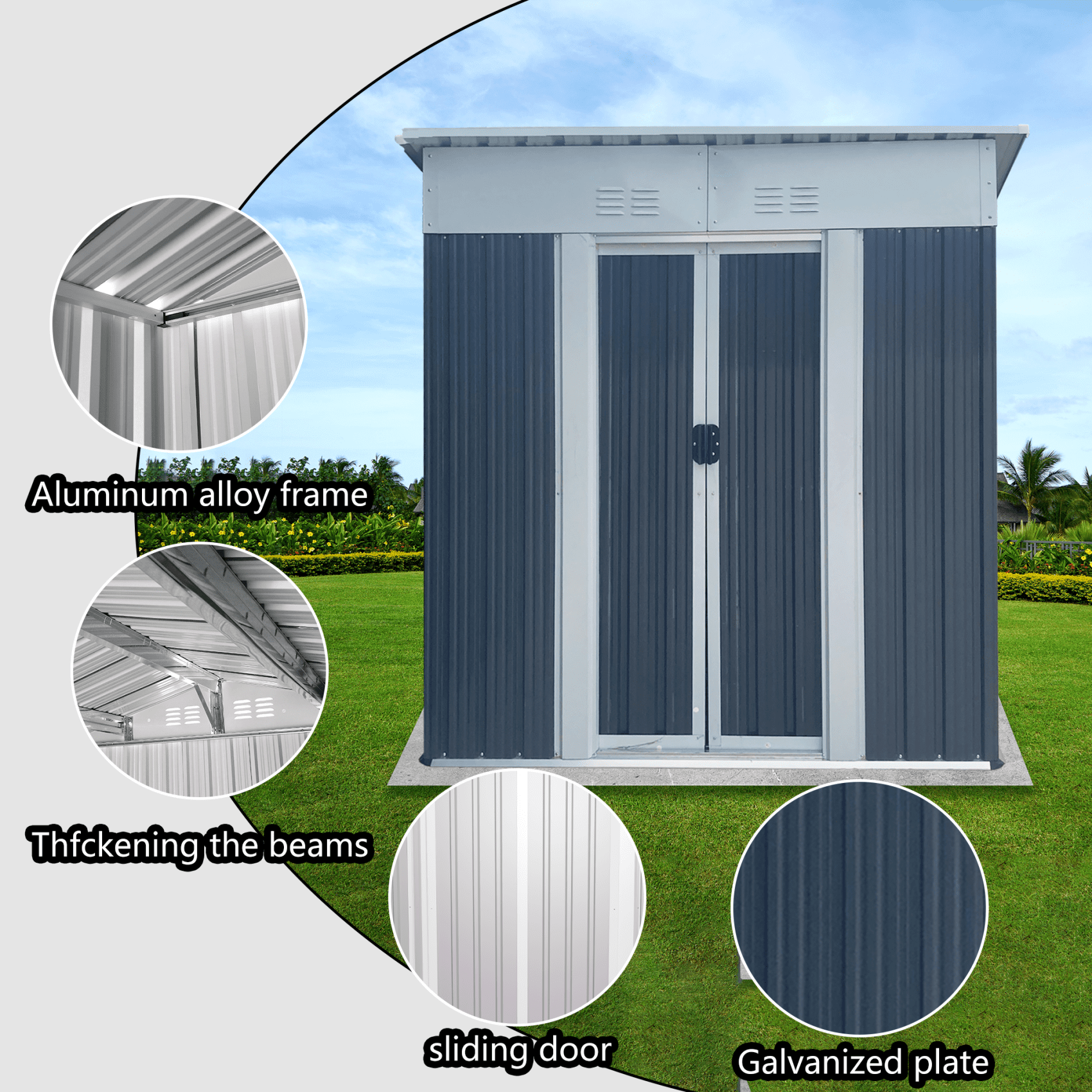5x3 FT Outdoor Storage Shed with Lockable Door and Sliding Doors, Metal Frame Garden Shed with Sloping Roof, Vents, Waterproof Tool Shed for Backyard Patio Lawn, Vents, Grey