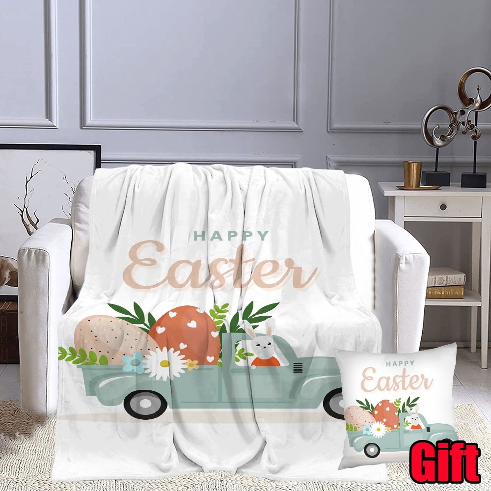 Dicasser Happy Easter Bunny Throw Blanket With Pillow Cover Plush
