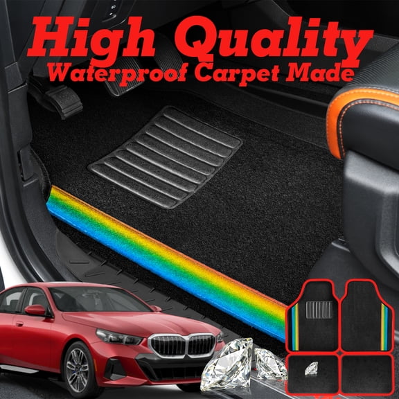 4 Pcs Bling Car Floor Mats with Holographic Rainbow Crystal, Universal Fit Carpet Liners for Women Girls, Non-Slip Waterproof (Black Holographic Rainbow Crystal)
