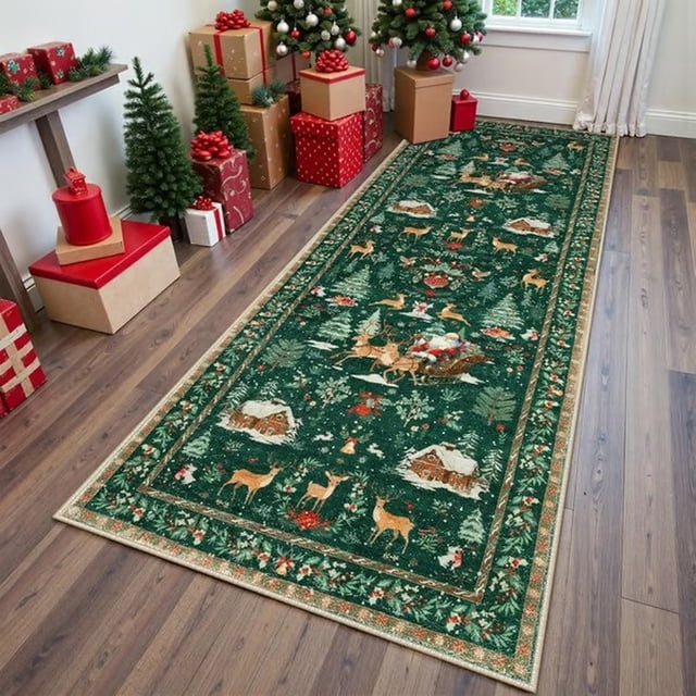Christmas Decor Carpet Christmas Deer Santa Long Rug – Festive Soft & Washable Holiday Carpet Cozy Santa Christmas Trees And Snowflakes Holiday Runner Rug For Kitchens Hallways Entryways And