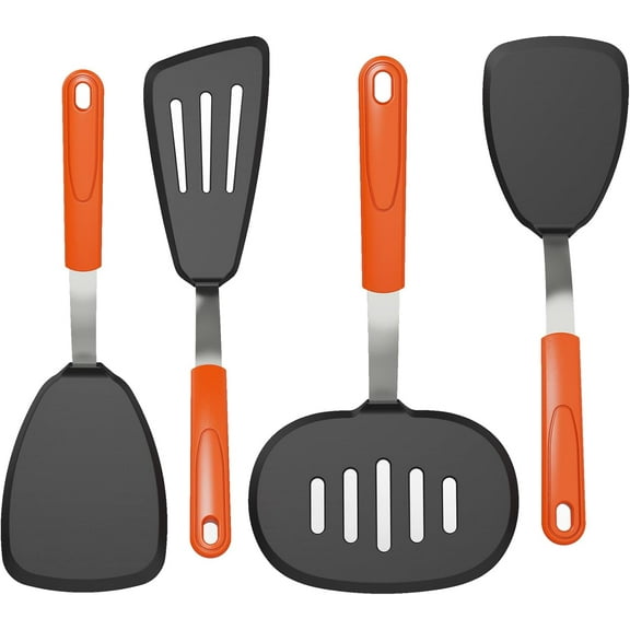 Silicone Spatula Turner Set of 4, GEEKHOM 600°F Heat Resistant Cooking Spatulas for Nonstick Cookware, Large Flexible Kitchen Utensils BPA Free Rubber Spatulas for Pancake, Eggs, Fish, Orange