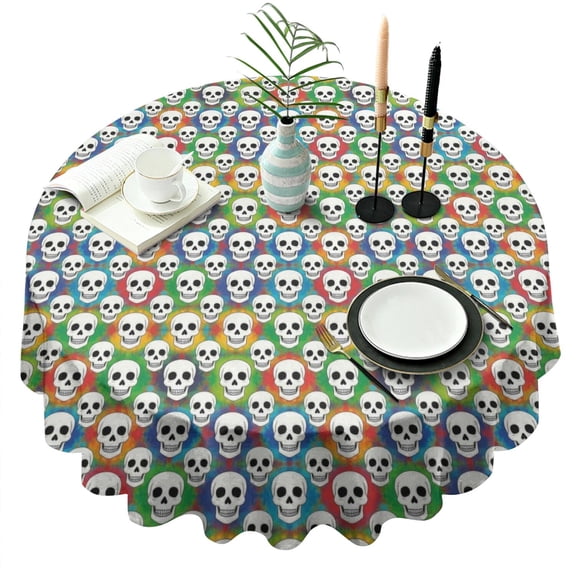Colorful Skull Pattern Round Tablecloth 60"x60",Wrinkle Wipeable Table Cloth for Kitchen Dining Room Picnic Patio Party