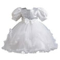 thumbnail image 3 of Wuxian Toddler Girls Bow Tutu Sequins Dress Short Puff Sleeve Round Neck High Waist Ruffles Tutu Dress Glitter Mesh Party Gown With Layered Dresses,White,4-5 Years, 3 of 7