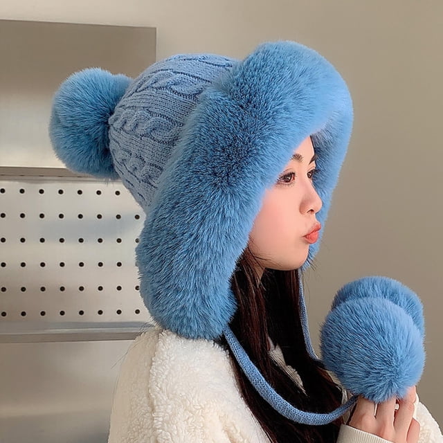 Blue Scarf ,Hat,& Gloves Ladies Winter Knitted Wool Cap Three Ball Pullover Cap Fleece Warm Ear Protection Hat