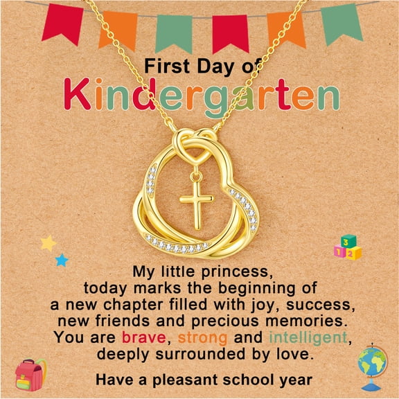 APSVO First Day of Kindergarten Back to School Jewelry Gifts for 18K Gold Plated Love Heart Cross Necklace CZ Pendant Supplies Stuff Accessory Ideas Daughter Granddaughter Age