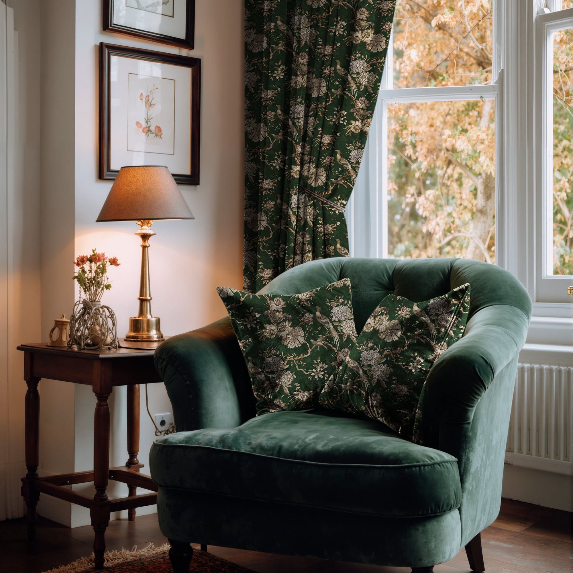StangH Green 100% Blackout Floral Curtains Bird Pattern Vintage Home Decor Thermal Insulated with Backtab Drapes for Living Room, W52xL84, 2 Panels