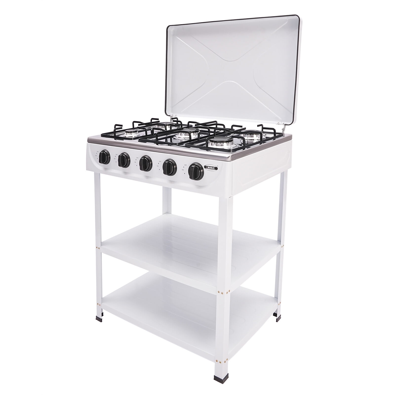 5-Burner Natural Gas Stove with Precise Control, High-Efficiency, Energy-Saving Design, Sturdy Enamel & Aluminum Construction – Includes Placement Boards, Manual Ignition & Windproof Cover