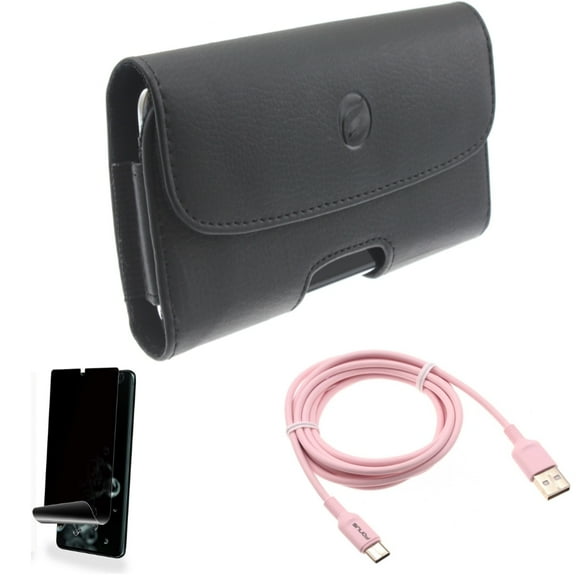 Privacy Screen Protector w Case Belt Clip w 6ft USB-C Cable for Samsung Galaxy S20 Ultra - TPU Film [NOT GLASS] [Fingerprint Works], Leather Holster Cover, Pink Charger Cord fits Galaxy S20 Ultra