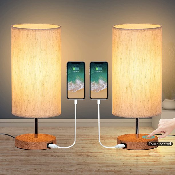 Juego de 2 lámparas de noche con control táctil, 3 temperaturas de color y brillo continuo, puertos de carga USB, bombillas de lámpara de noche * 2 para sala de estar, dormitorio, oficina.