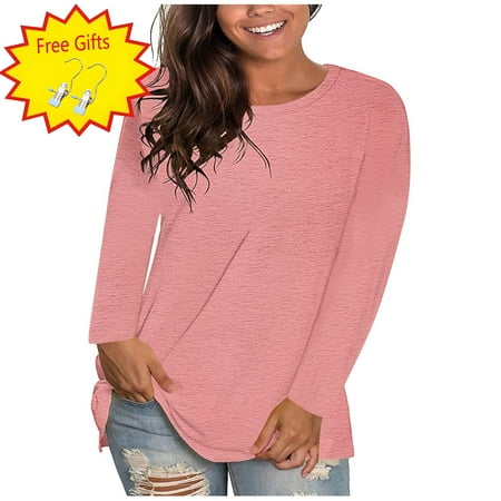 Womens Tops Trendy Sawvnm Women's Fashion Causal Solid Loose Long Sleeve T-shirt Pullover Tops Clearance Clothes under $5.00