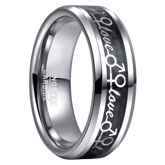 8mm Black Tungsten Rings for Women and Men Couple Love Symbol Beveled Edge Band Size 7-12