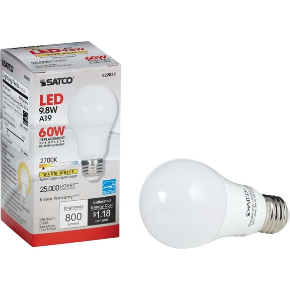 Satco 60W Equivalent Warm White A19 Medium Dimmable LED Light Bulb S29835