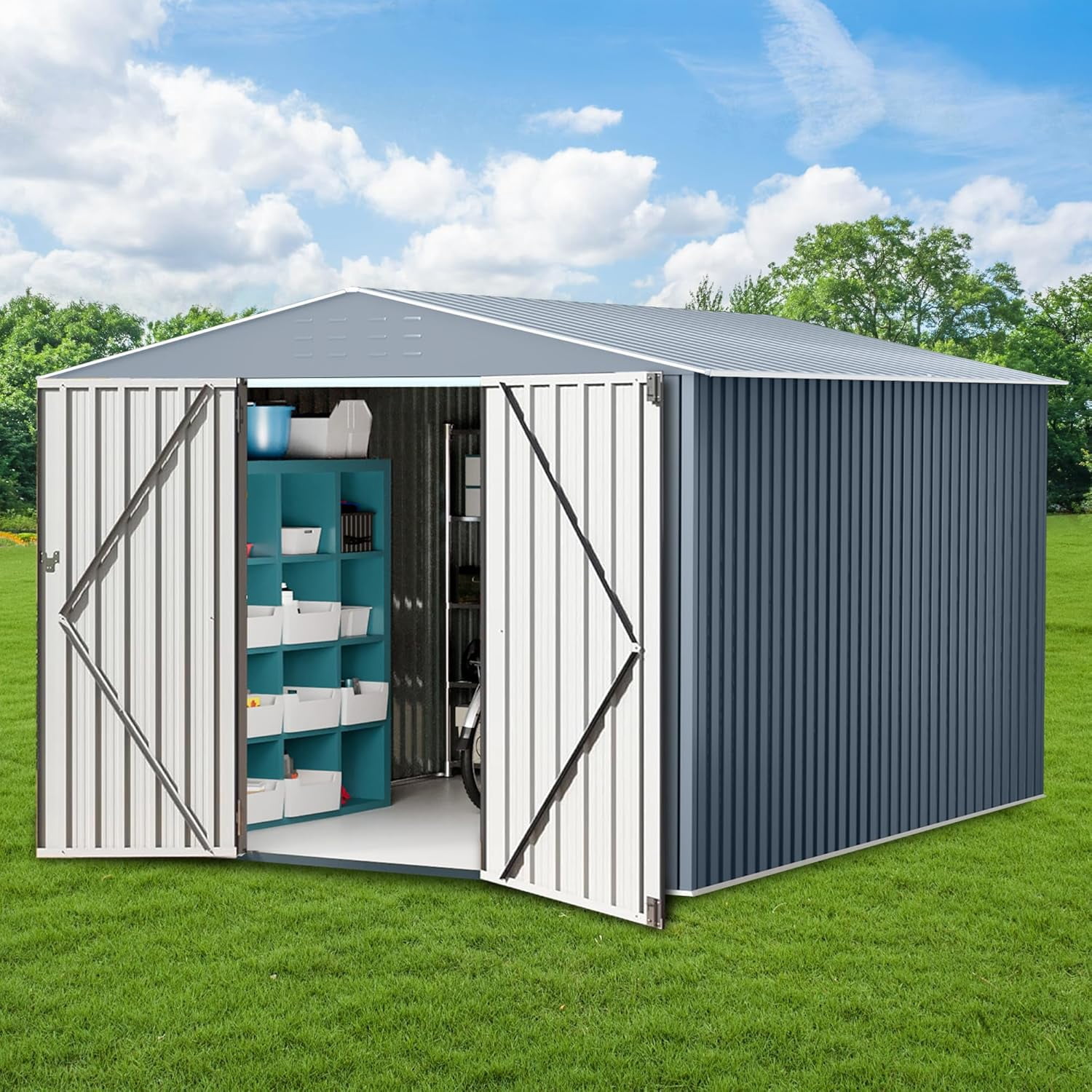 2025 New Outdoor Storage Shed,Large Garden Shed,Large Metal Tool Sheds with Slooping Roof and Vents,Updated Reinforced and Lockable Doors Frame Metal Storage Shed for Patiofor Backyard,Patio